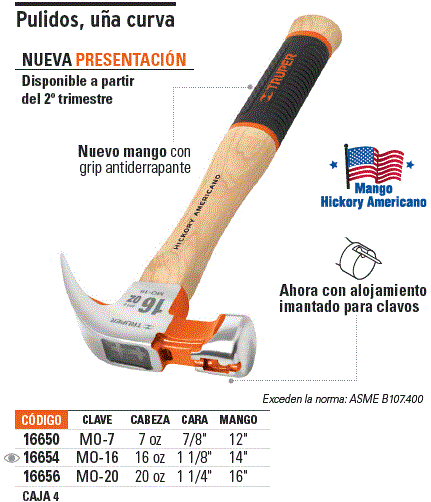 Martillo pulido 20 oz uña curva, mango hickory, Truper Grip