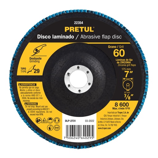 [DLP-2717] Disco laminado 4-1/2', grano 60 centro 7/8', fibra, PRETUL