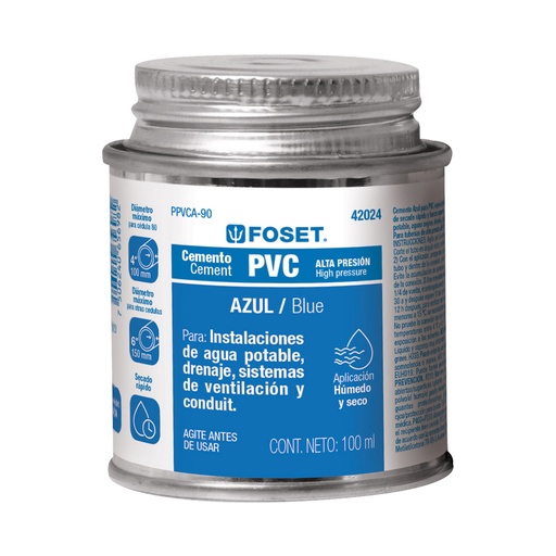 [PPVCA-90] Cemento p/PVC, azul, alta presión, lata 90ml, FOSET