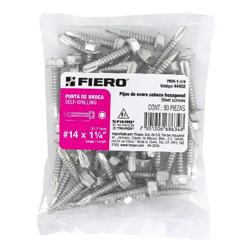 [PIBR-1-1/4] Bolsa con 50 pijas 1-1/4' cabeza hexagonal, punta de broca
